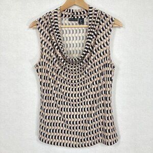 Tahari  Geometric Print Black And Tan Sleeveless Pullover Draped Neckline Blouse